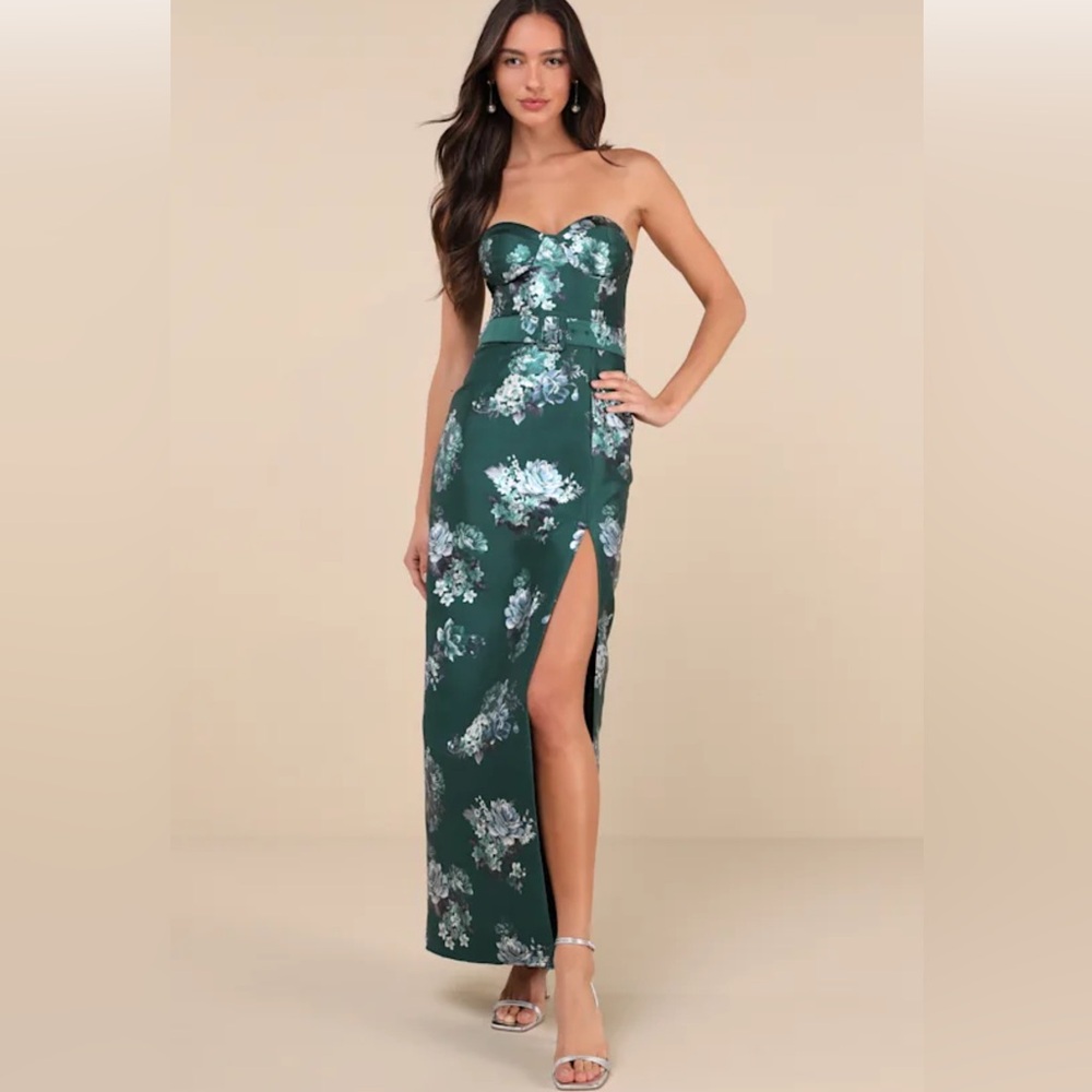 NWT Lulus Emerald Floral Taffeta Belted Strapless Maxi Dress | Size Medium